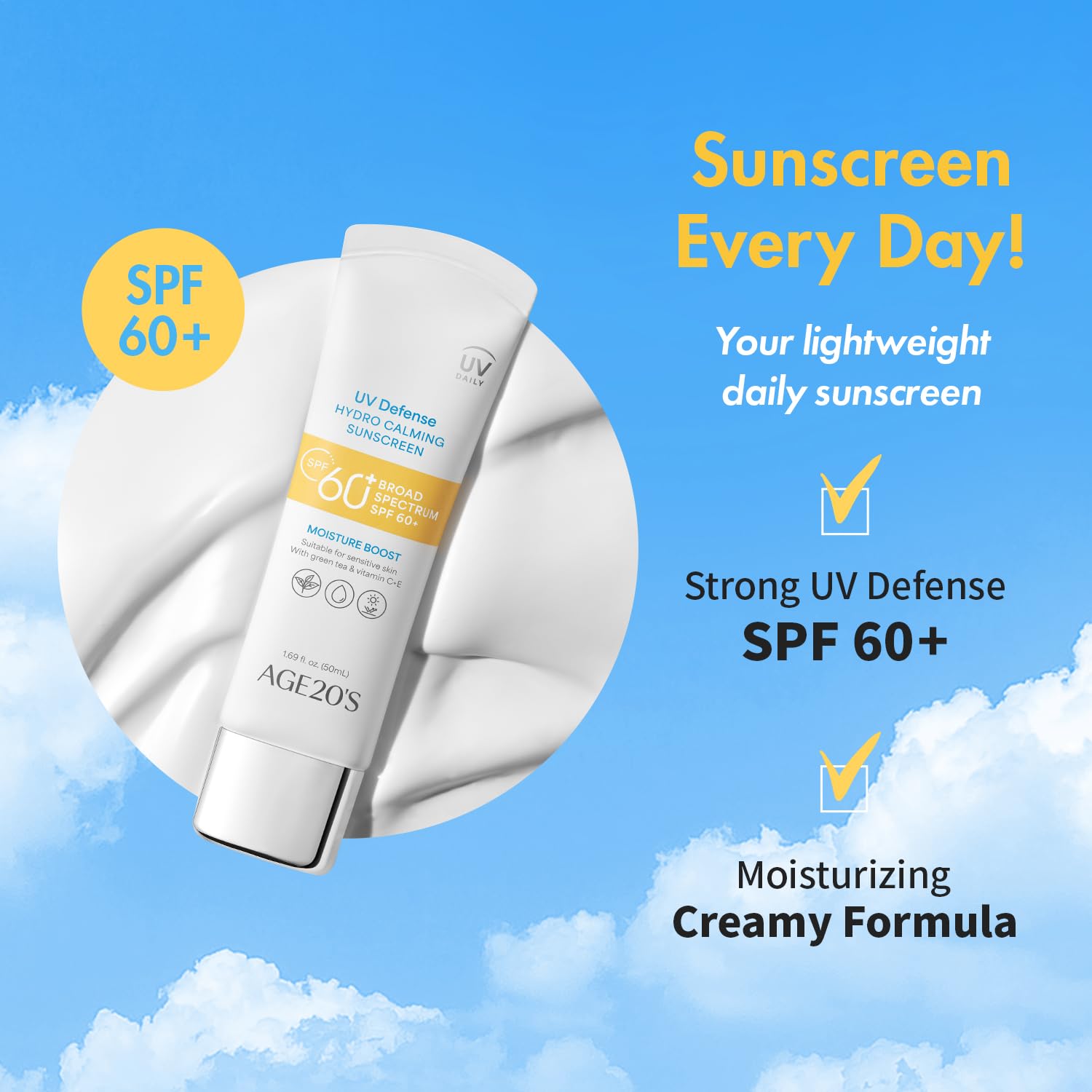 AGE 20's UV Defense sunscreen packaging, sleek design for daily use.