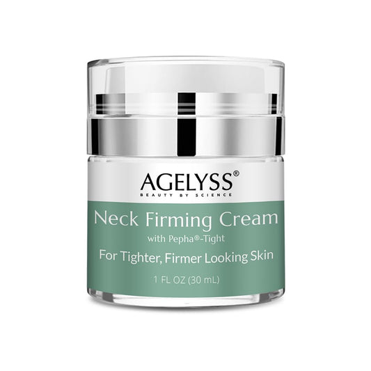 Agelyss Neck Firming Cream label close-up for premium hydration and routine skincare.