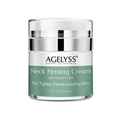 Agelyss Neck Firming Cream label close-up for premium hydration and routine skincare.