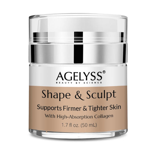 Agelyss Shape & Sculpt bottle pump delivering smooth cream for firm, hydrated skin