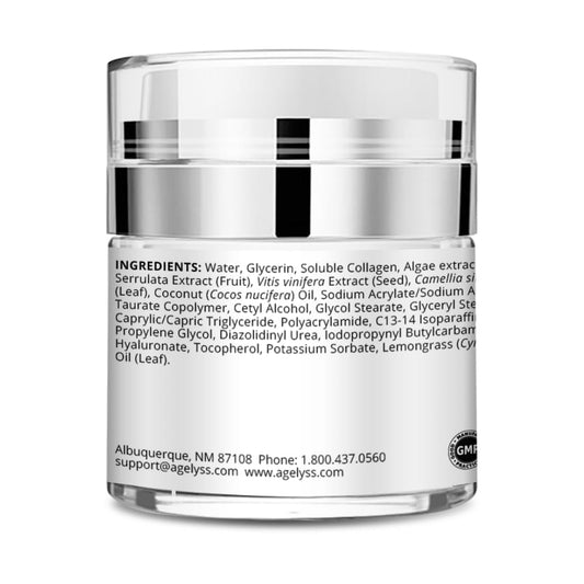 Agelyss Shape & Sculpt cream jar showing rich texture for plump, moisturized skin