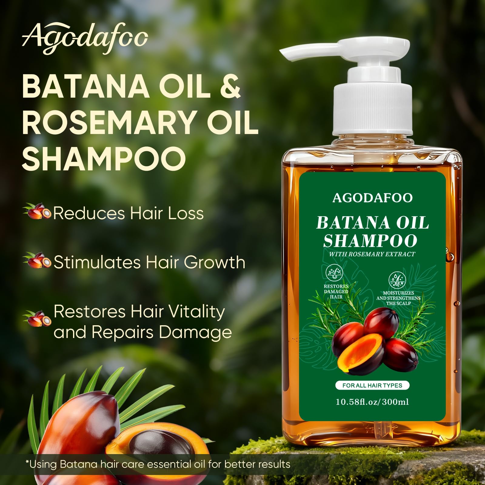 Agodafoo Batana Oil Shampoo ingredients: rosemary and ginger for natural care.