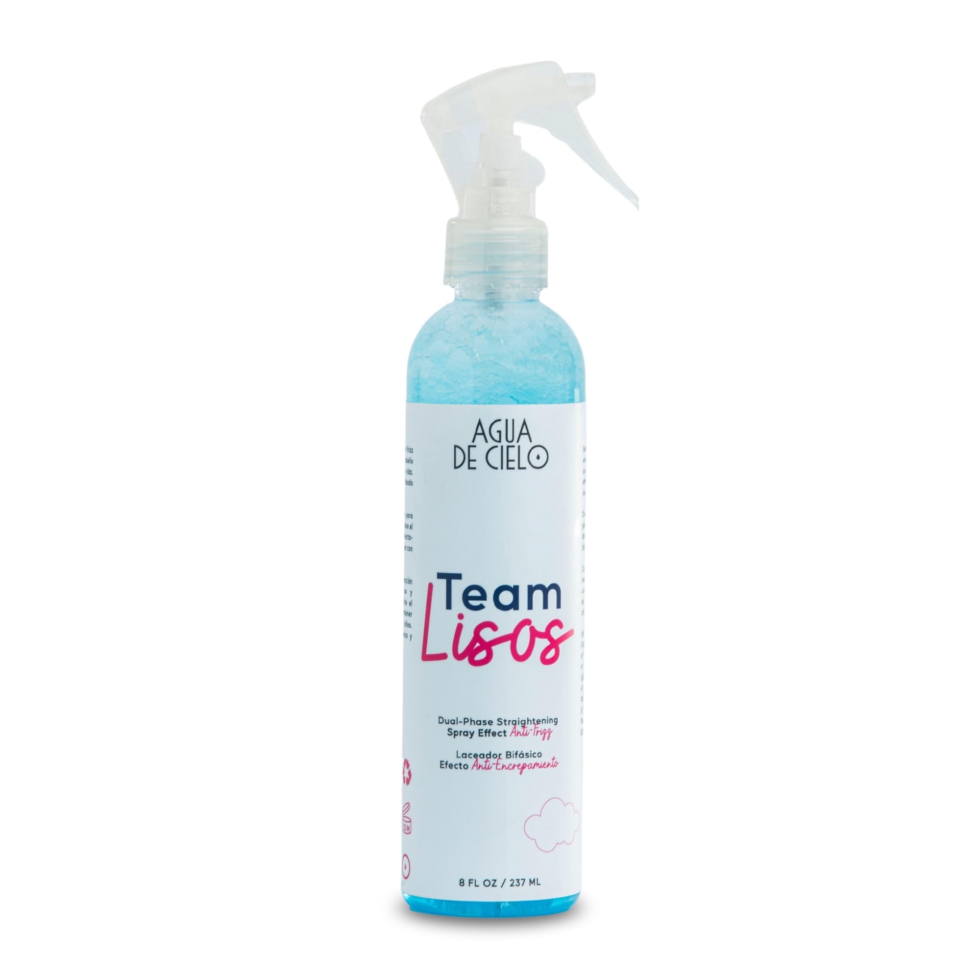 Agua de Cielo Team Lisos bottle shake demonstrates dual-phase activation for smoother styling.