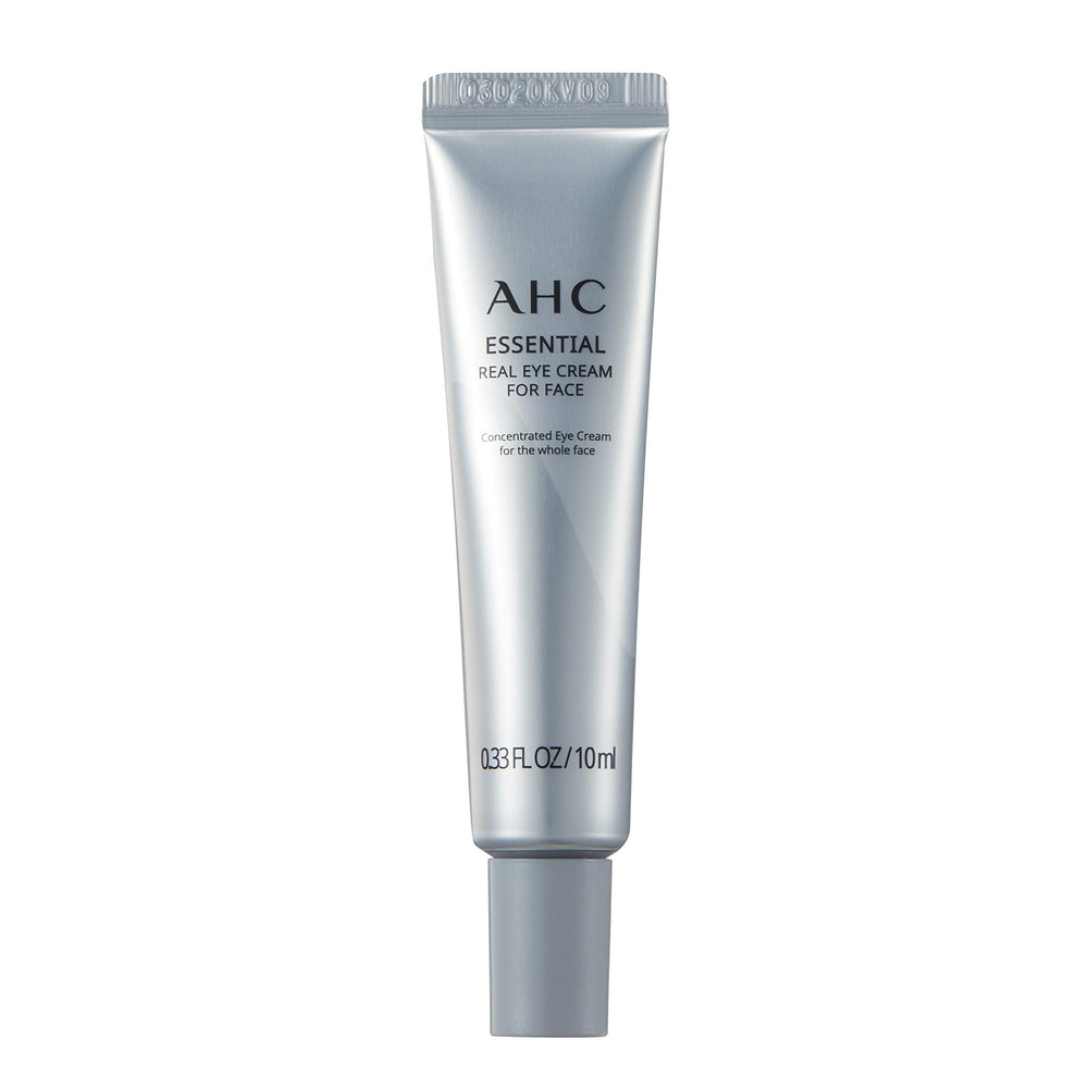 AHC Essential Eye Cream for Face tube close-up showing rich hydration for the whole face.