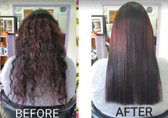 Ahglow before-after hair straightening reveals transformation and shine.
