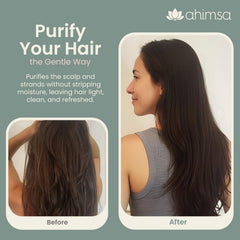 Ahimsa color-safe formula label communicates safe, daily clarifying use.