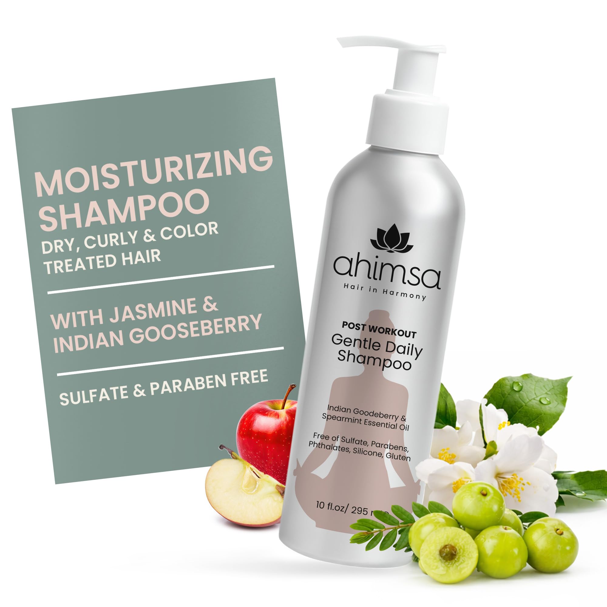 Ahimsa Gentle Daily Shampoo bottle offering a gentle cleanse for dry color treated hair