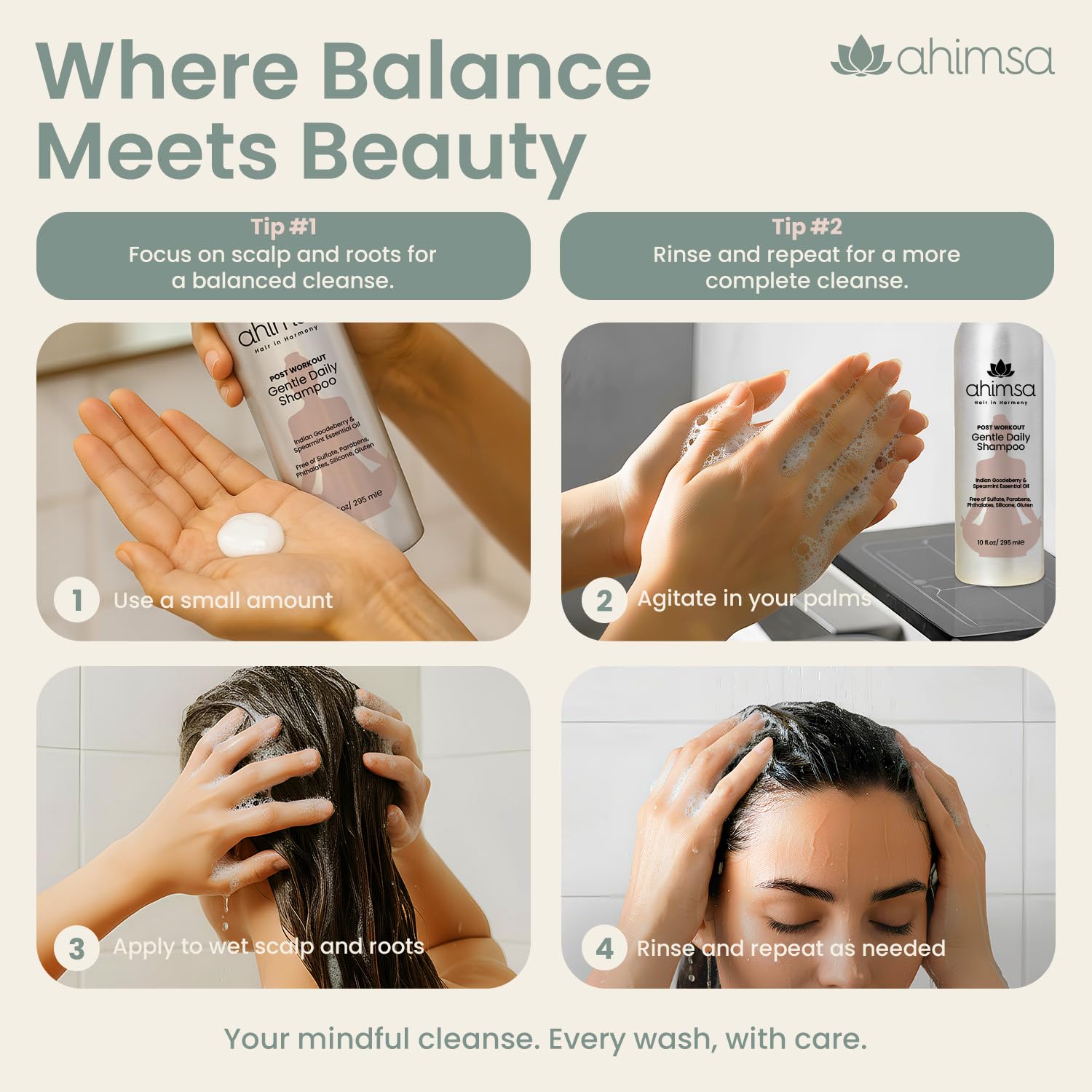 Color treated hair benefits from Ahimsa Gentle Daily Shampoo’s gentle cleanse