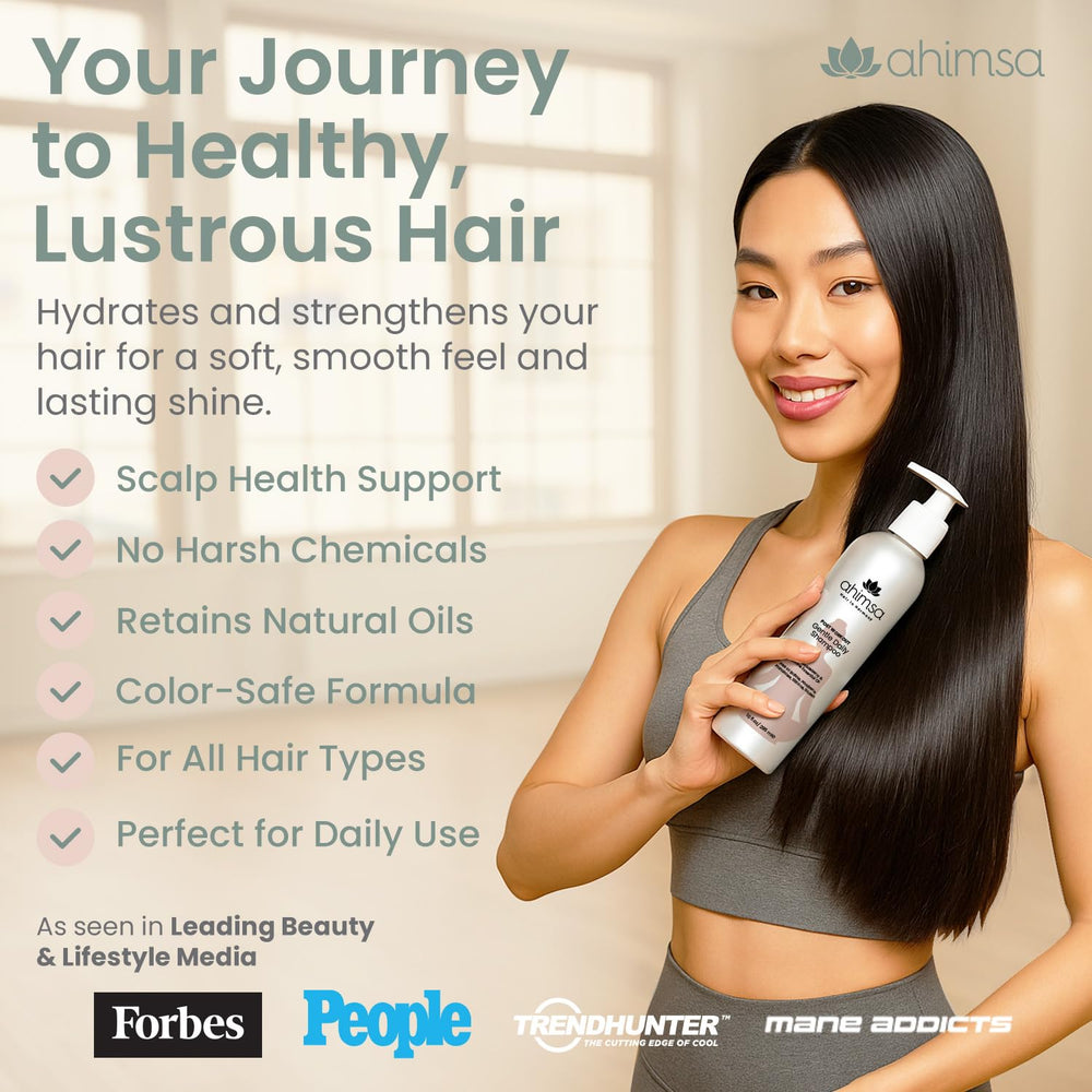 Ahimsa Gentle Daily Shampoo being poured for lightweight hydration