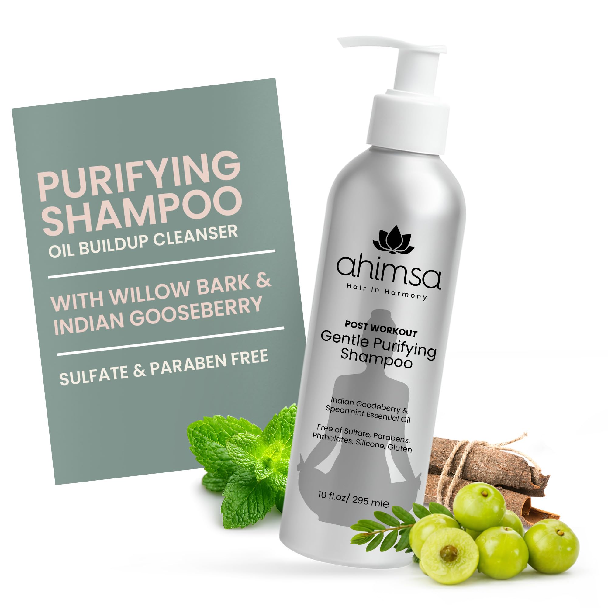 Ahimsa Gentle Purifying Shampoo bottle shows a daily clarifying cleanse for oily hair.