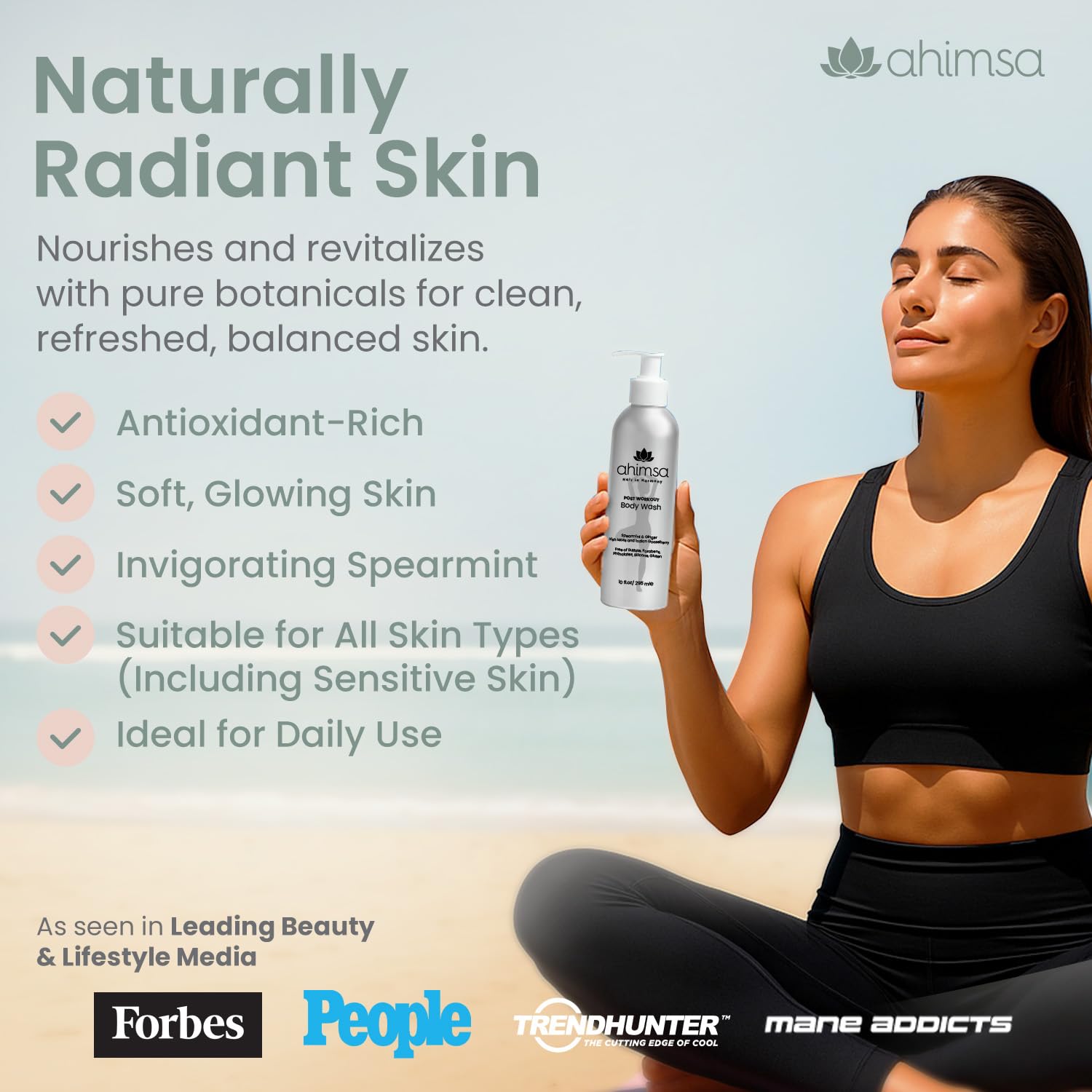 Ahimsa body wash label close-up highlighting Indian Gooseberry and Irish Moss benefits.