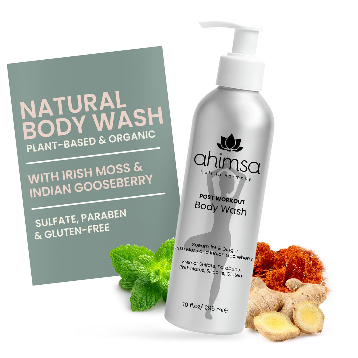 Ahimsa natural body wash bottle demonstrates gentle cleansing for all skin types.