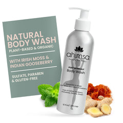 Ahimsa natural body wash bottle demonstrates gentle cleansing for all skin types.