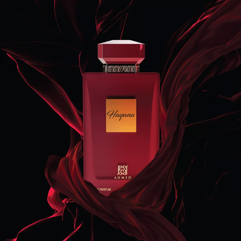 AHMED HAYANA heart notes of tropical fruits and florals for vibrant elegance.