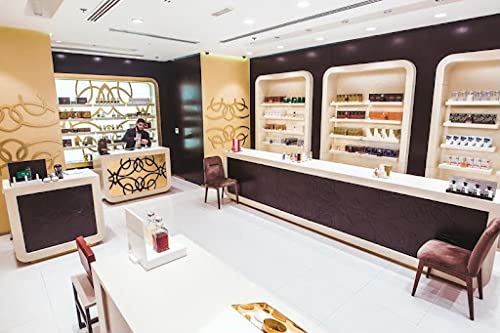 Ahmed Leather store display showcases the fragrance in a retail setting.