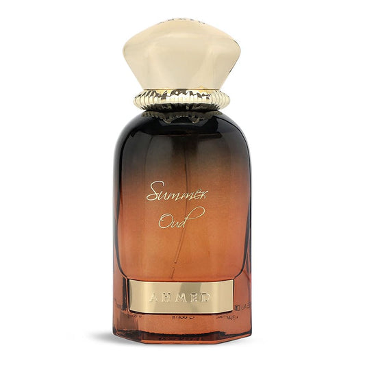 AHMED Summer Oud Almaghribi bottle closeup label highlighting luxe oud notes.