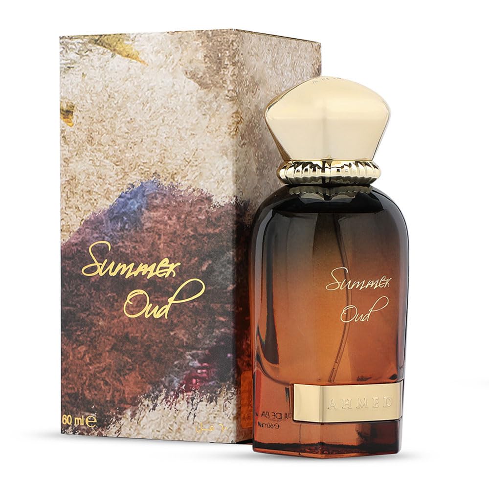 AHMED Summer Oud Almaghribi bottle front view showing premium woody oriental scent.