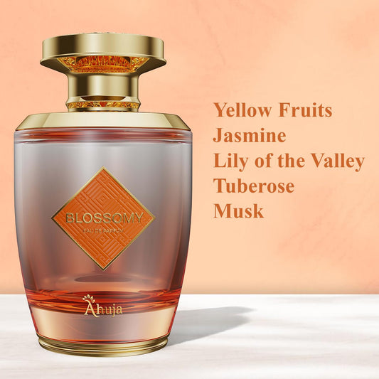AHUJA Blossomy bottle side reveals a refined silhouette ideal for gifting.