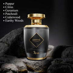 AHUJA Daring cedar-based base evokes earthy warmth and lasting presence.