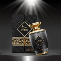 AHUJA Daring bottle on wood surface adds premium lifestyle feel.