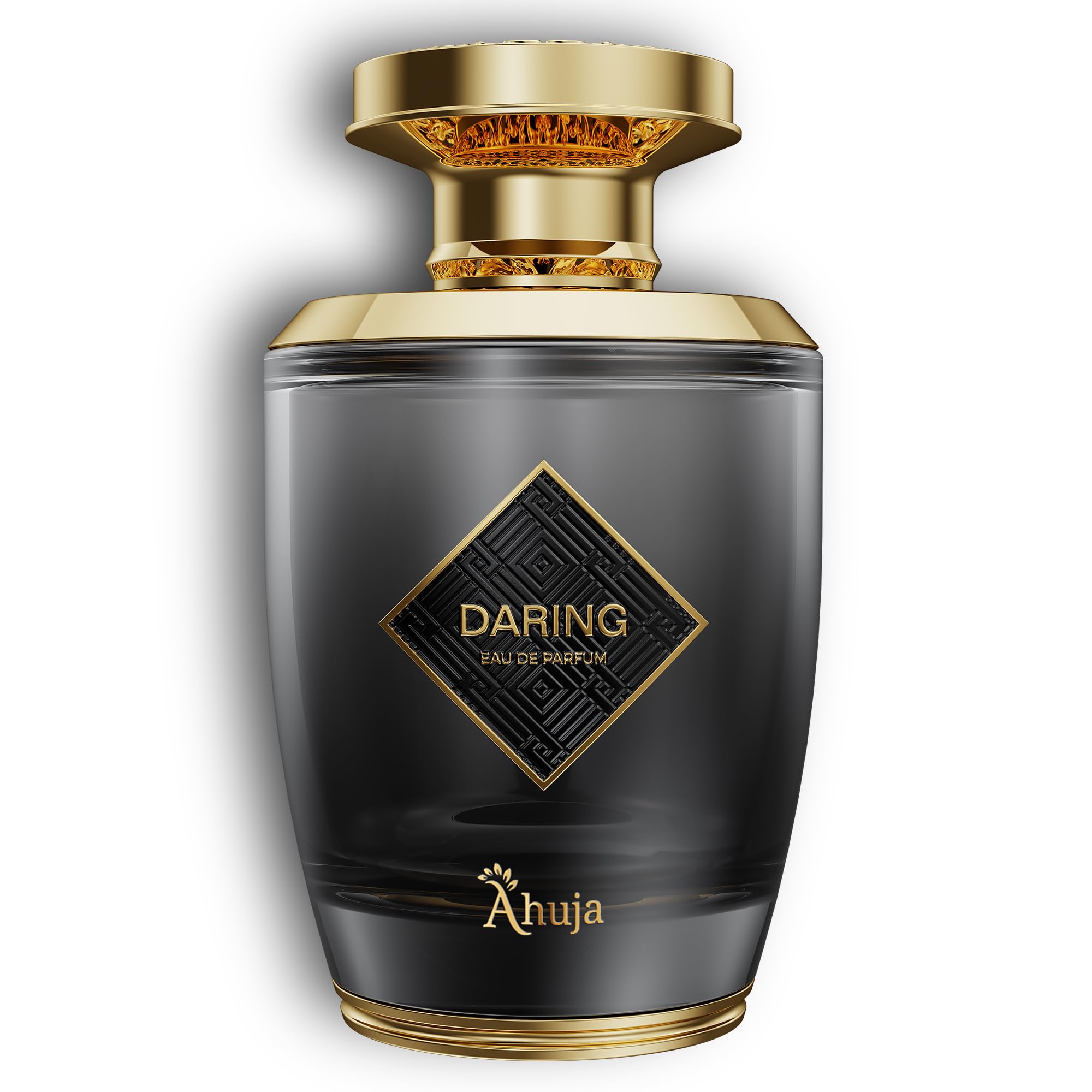 AHUJA Daring bottle front communicates bold masculinity for everyday confidence.
