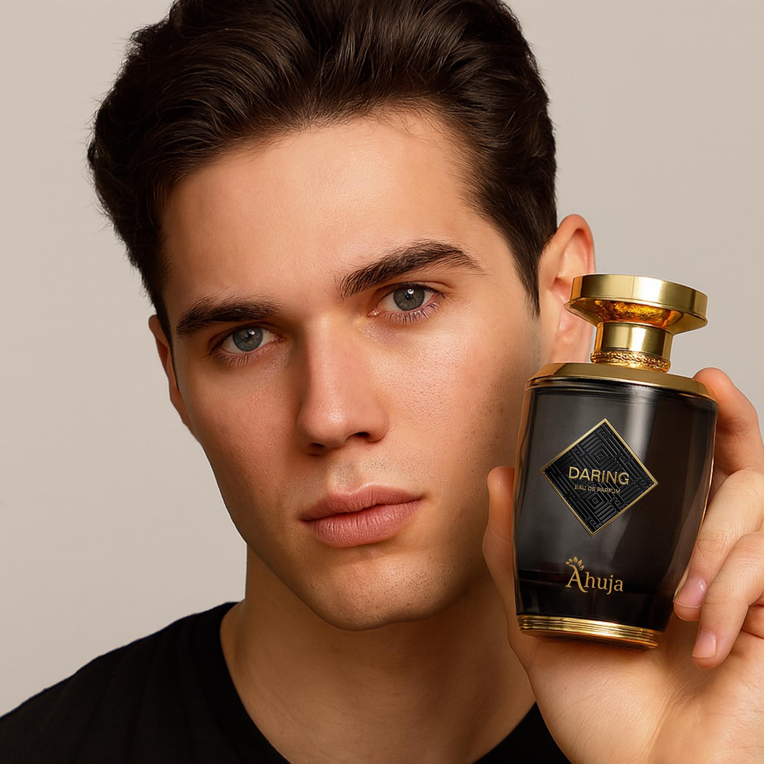 AHUJA Daring geranium and patchouli core conveys modern masculinity.