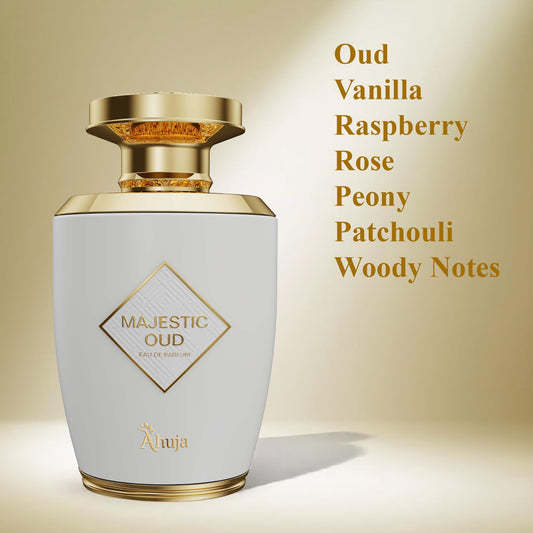 AHUJA Majestic Oud bottle side view highlights premium packaging and style.