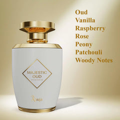 AHUJA Majestic Oud bottle side view highlights premium packaging and style.