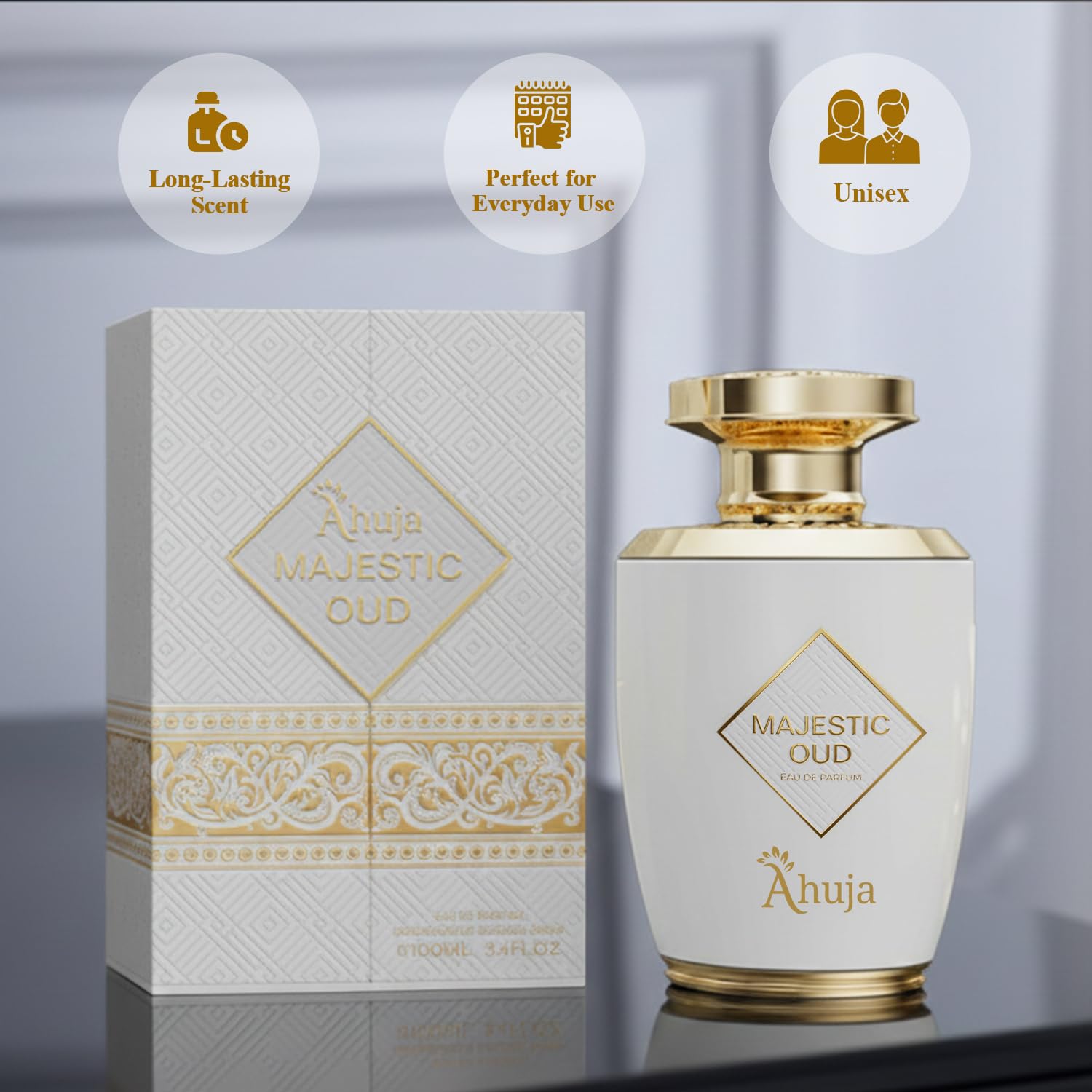 AHUJA Majestic Oud vanilla note adds warm, comforting depth.