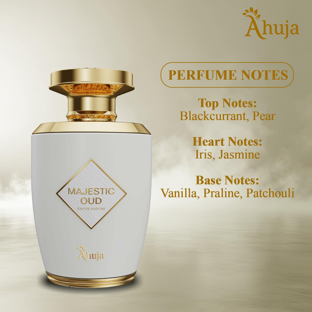 AHUJA Majestic Oud wood base conveys depth and longevity.