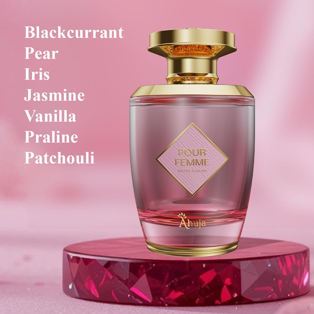 AHUJA Pour Femme bottle cap close-up emphasizes premium packaging and lasting impression.