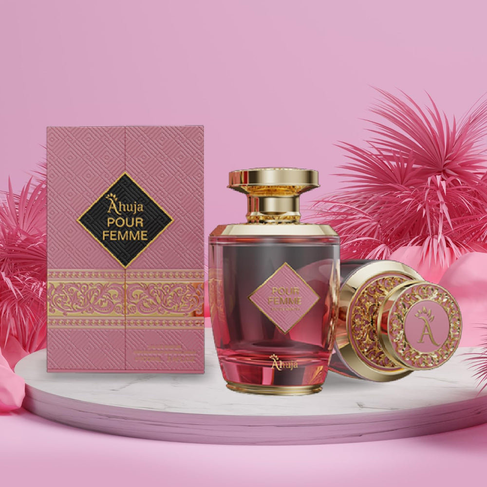 AHUJA Pour Femme elegant packaging reinforces luxury gifting appeal.