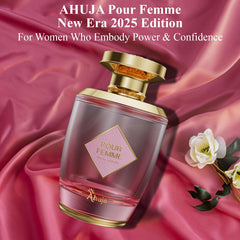 AHUJA Pour Femme iris and jasmine heart highlights floral femininity and warmth.