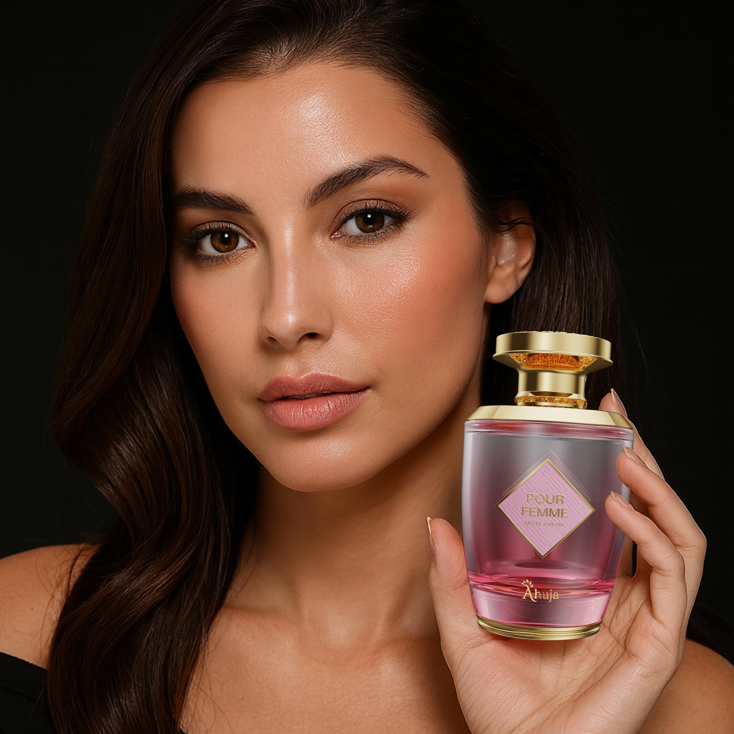 AHUJA Pour Femme spray action captures easy, even application for long-wearing fragrance.