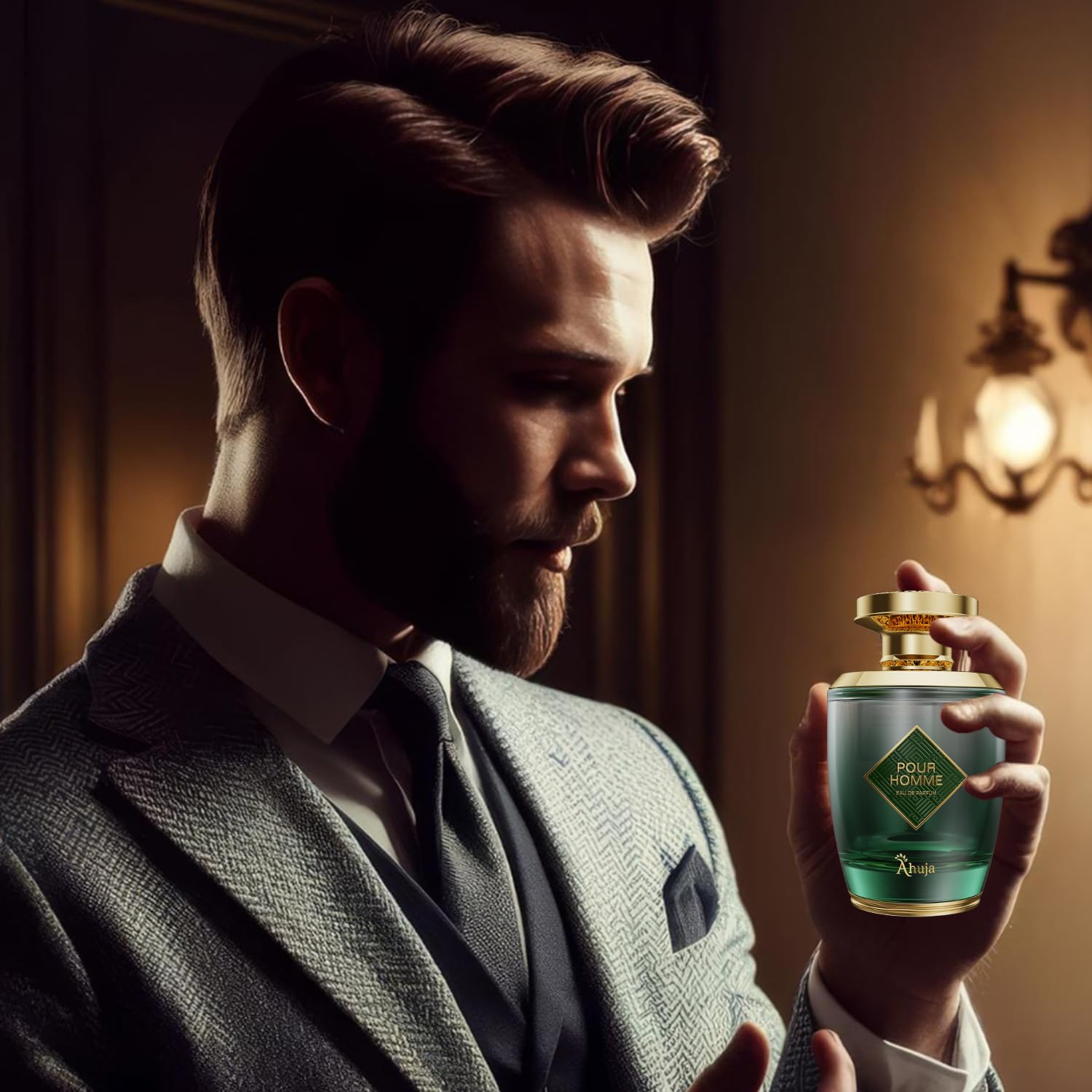 AHUJA Pour Homme close-up of apple and pineapple detail on bottle label.