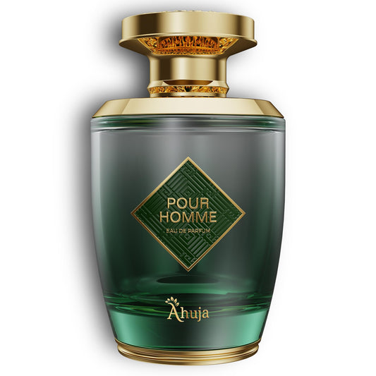 AHUJA Pour Homme bottle front view highlighting citrus-forward daily wear.