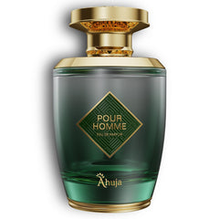 AHUJA Pour Homme bottle front view highlighting citrus-forward daily wear.