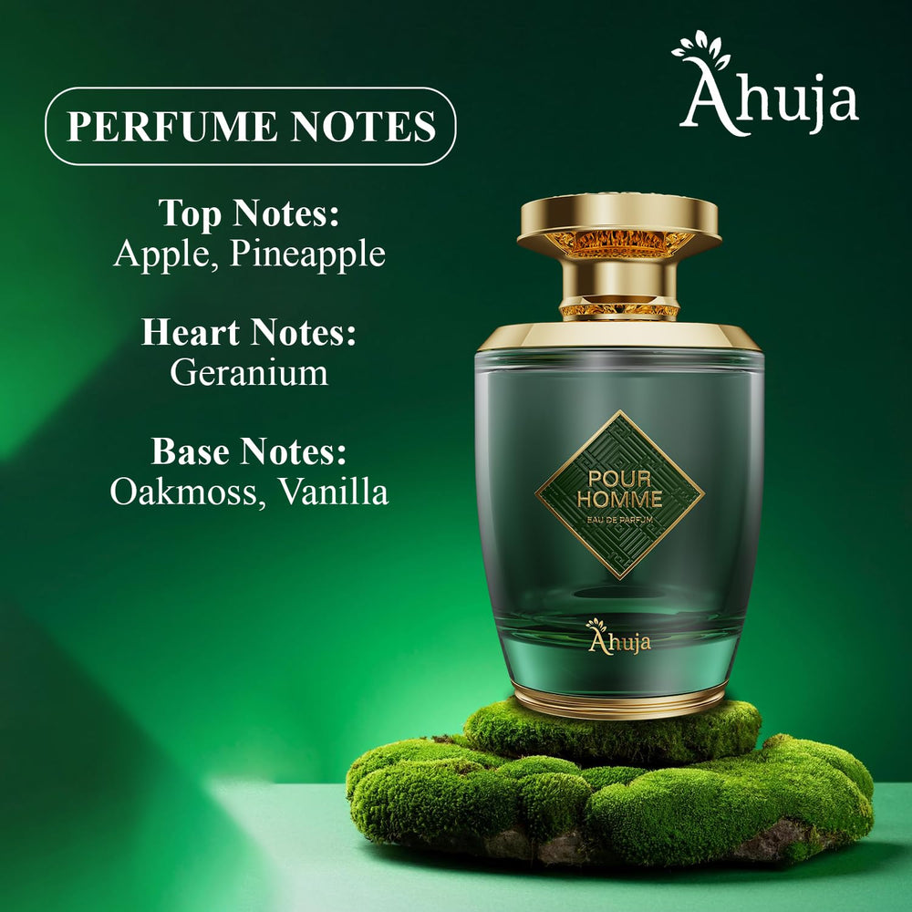 AHUJA Pour Homme citrus and fruit notes visual emphasis for freshness.