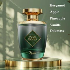 AHUJA Pour Homme vanilla and oakmoss depth on the bottle base.