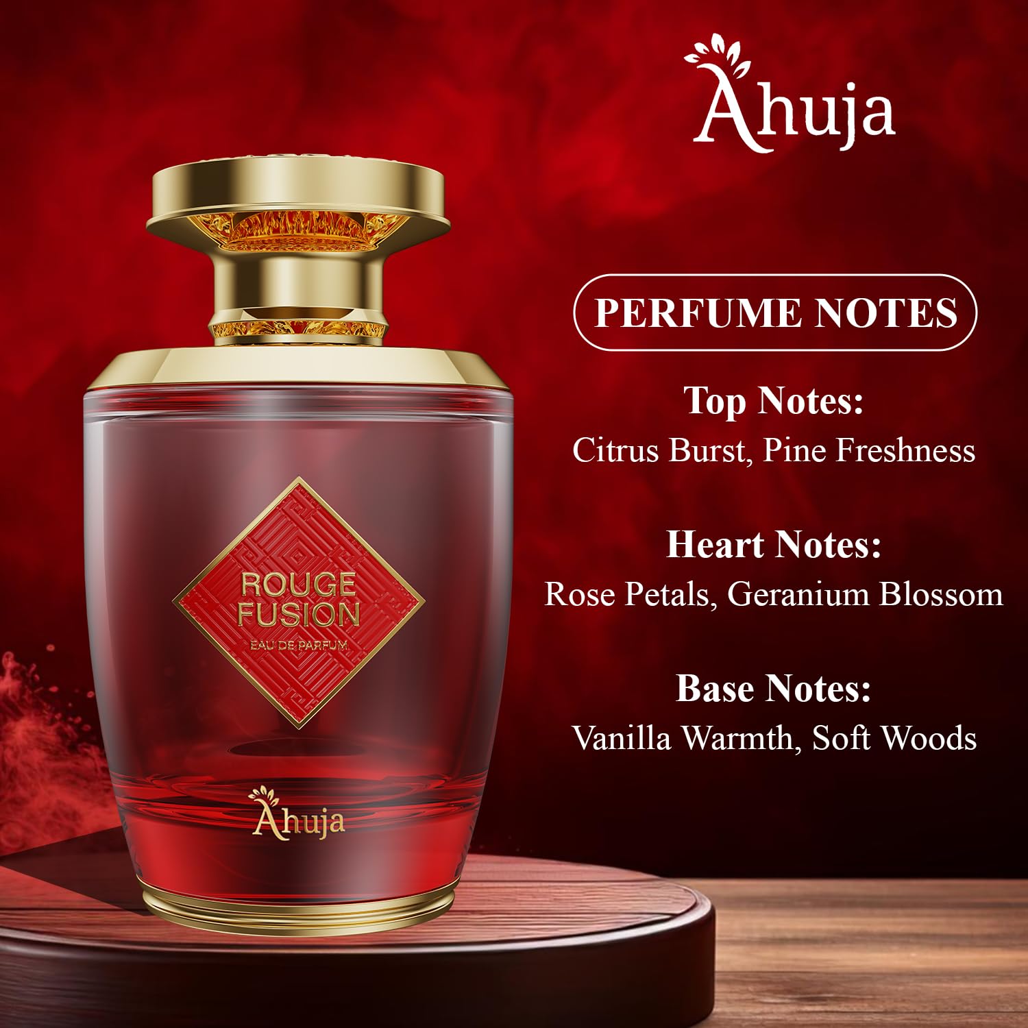 Top view of AHUJA Rouge Fusion bottle evokes premium gifting