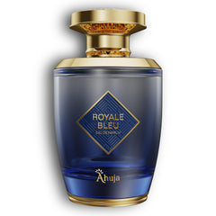 Ahuja Royal Bleu bottle front with citrus and woody notes for daily wear