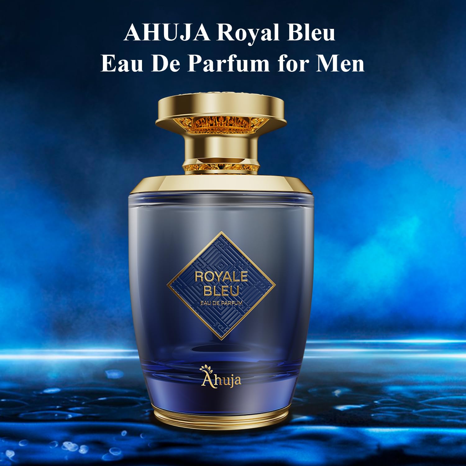 Ahuja Royal Bleu bottle on a desk ready for daily wear inspiration