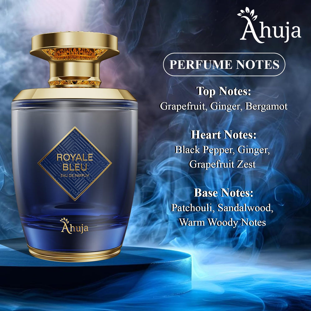 Ahuja Royal Bleu with ginger note and grapefruit zest for energetic daytime wear