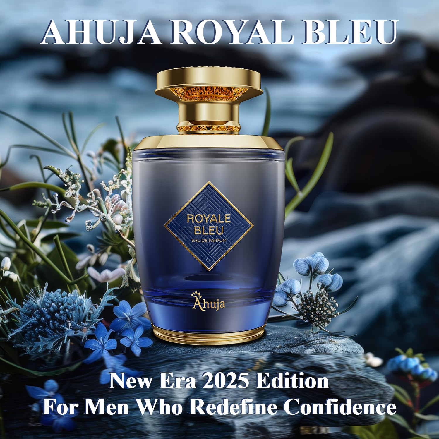 Ahuja Royal Bleu gift-ready packaging with an elegant bottle design