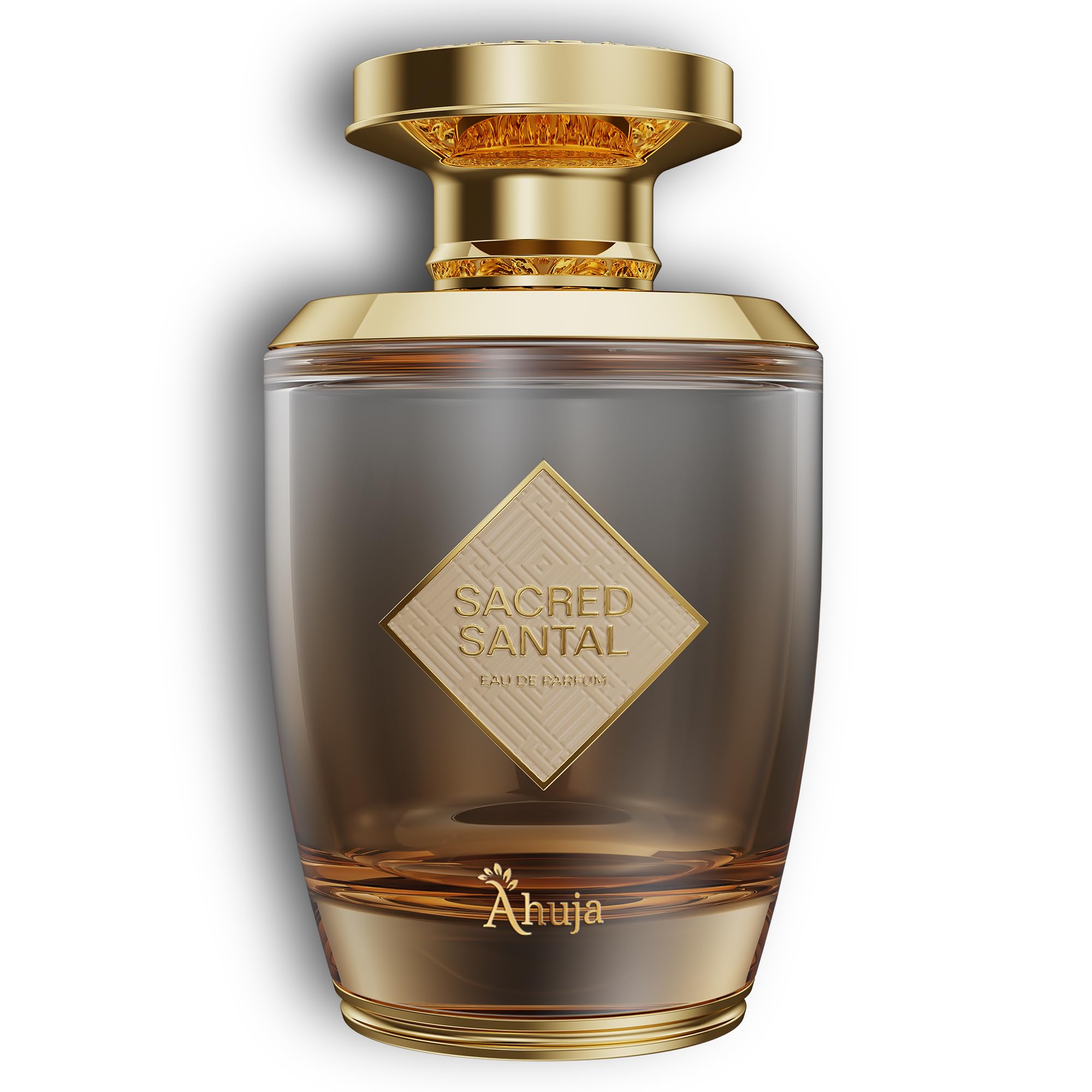 AHUJA Sacred Santal bottle glass highlights earthy sandalwood notes for daily use