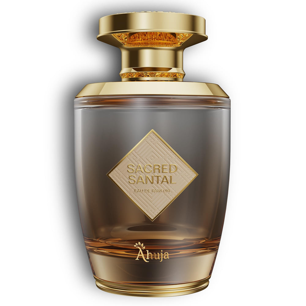 AHUJA Sacred Santal bottle glass highlights earthy sandalwood notes for daily use
