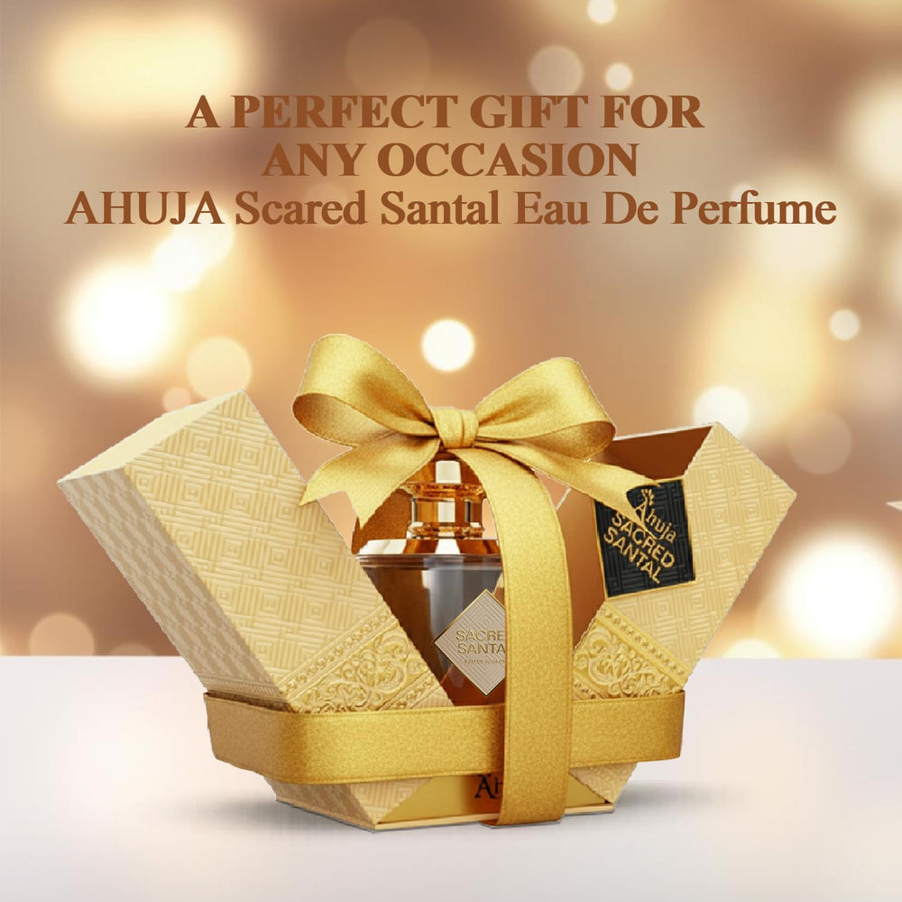 AHUJA Sacred Santal unisex spray image highlights versatile luxury for date nights