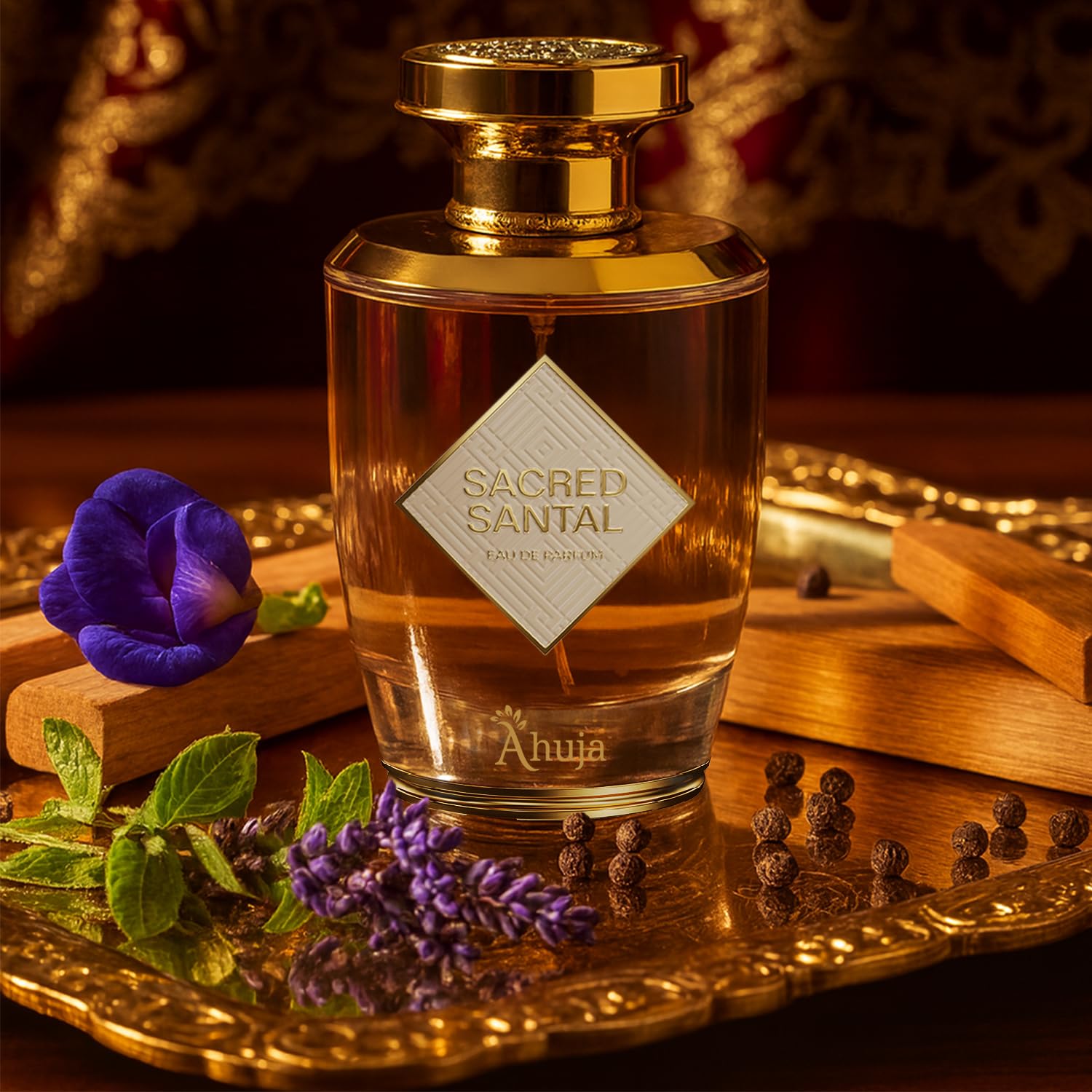 AHUJA Sacred Santal woody-notes close-up emphasizes earthy base for everyday wear