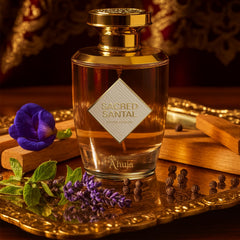 AHUJA Sacred Santal woody-notes close-up emphasizes earthy base for everyday wear