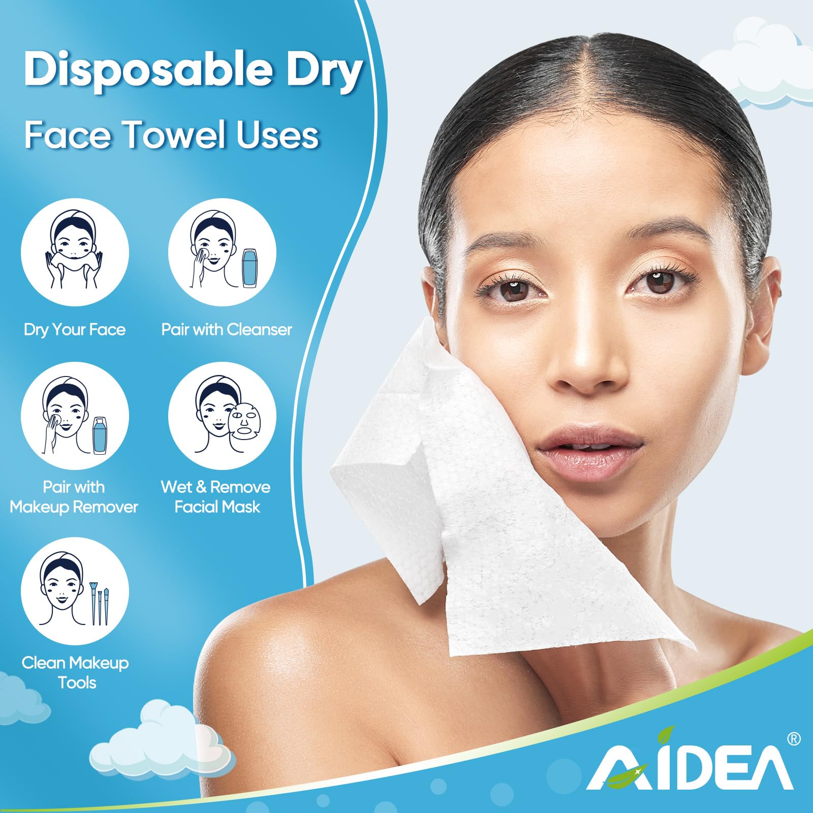 AIDEA individually wrapped face towels highlighting portability and mess-free options.